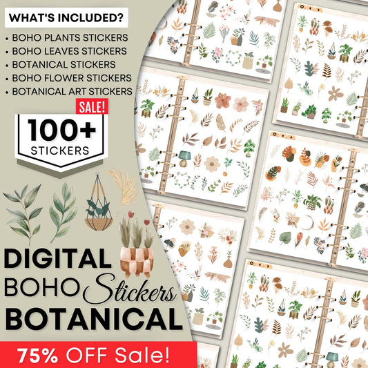 Boho Botanical Digital Stickers for Goodnotes, Daily Digital Sticker, Boho Flower Stickers, Digital Planner Stickers, Good notes Sticker PNG